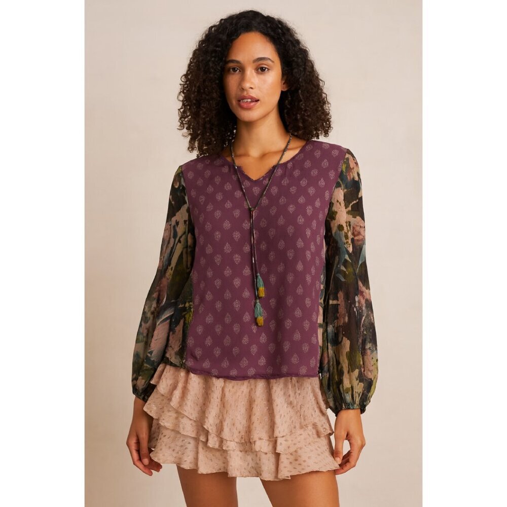 Tolani Collection Womens Boho Blouse Small Purple Floral Long Sleeve Top Modal